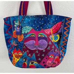 Laurel Burch Bags Cats and Butterflies Rainbow Zippered Tote Shoulder Bag 90s
